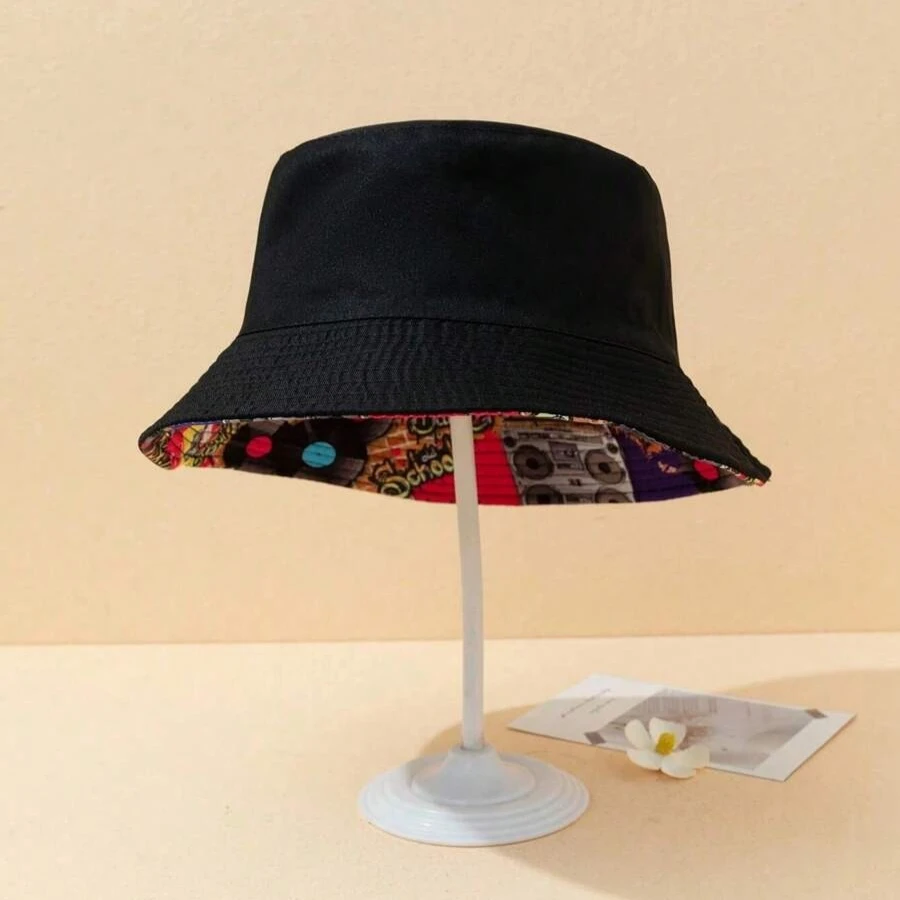 1pc Men's Colorful Graffiti Tape Pattern 90s Retro Reversible Bucket Hat, Suitable For Travel And Street Parties