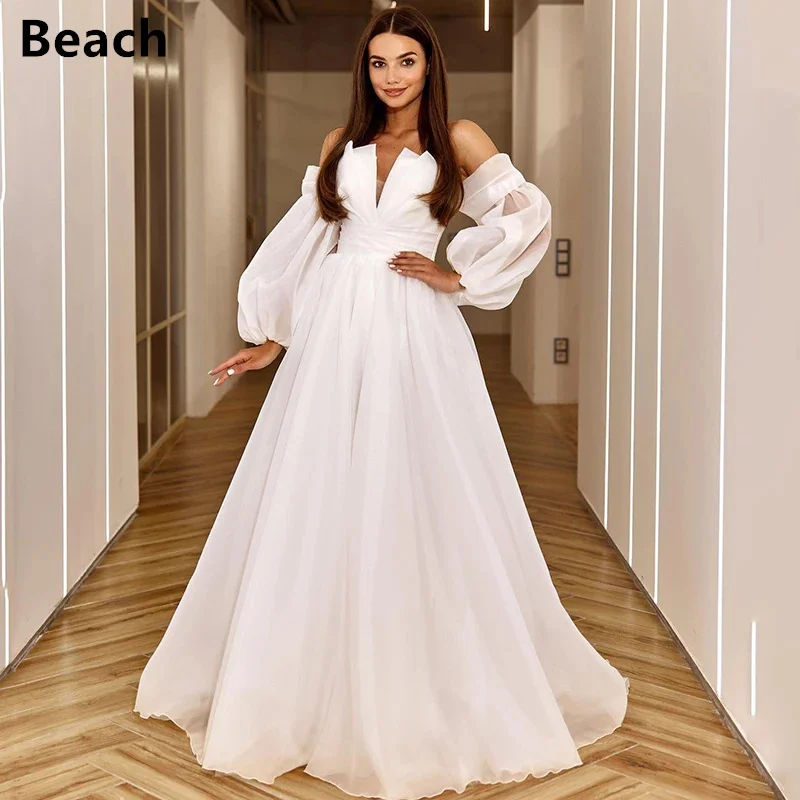 Vestidos de novia elegantes de línea a para playa, vestidos de novia blancos con manga abullonada, corsé en la espalda, vestidos de novia bohemios de noche para playa 2023