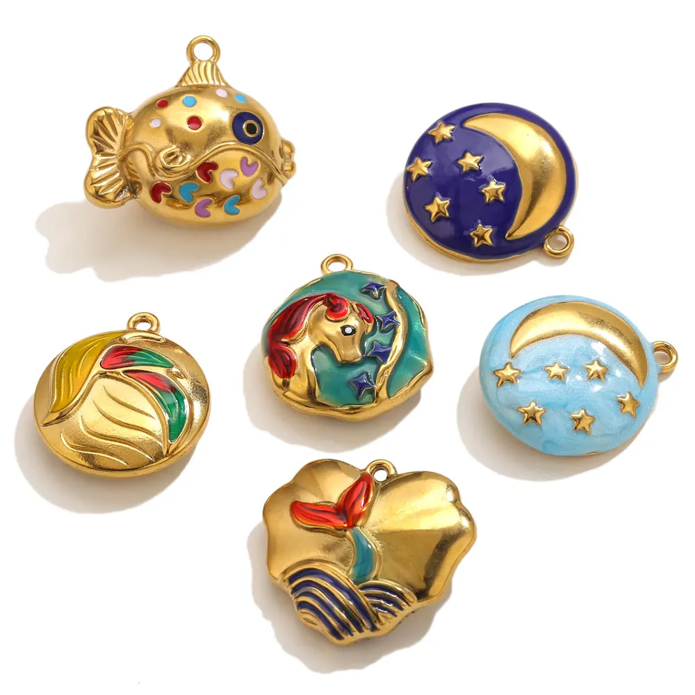 1pcs Stainless Steel 3D Enamel Unicorn Charms For Jewelry Necklace Pendants DIY Bird Sun Fish Hollow Charms Jewelry Accessories - view 2