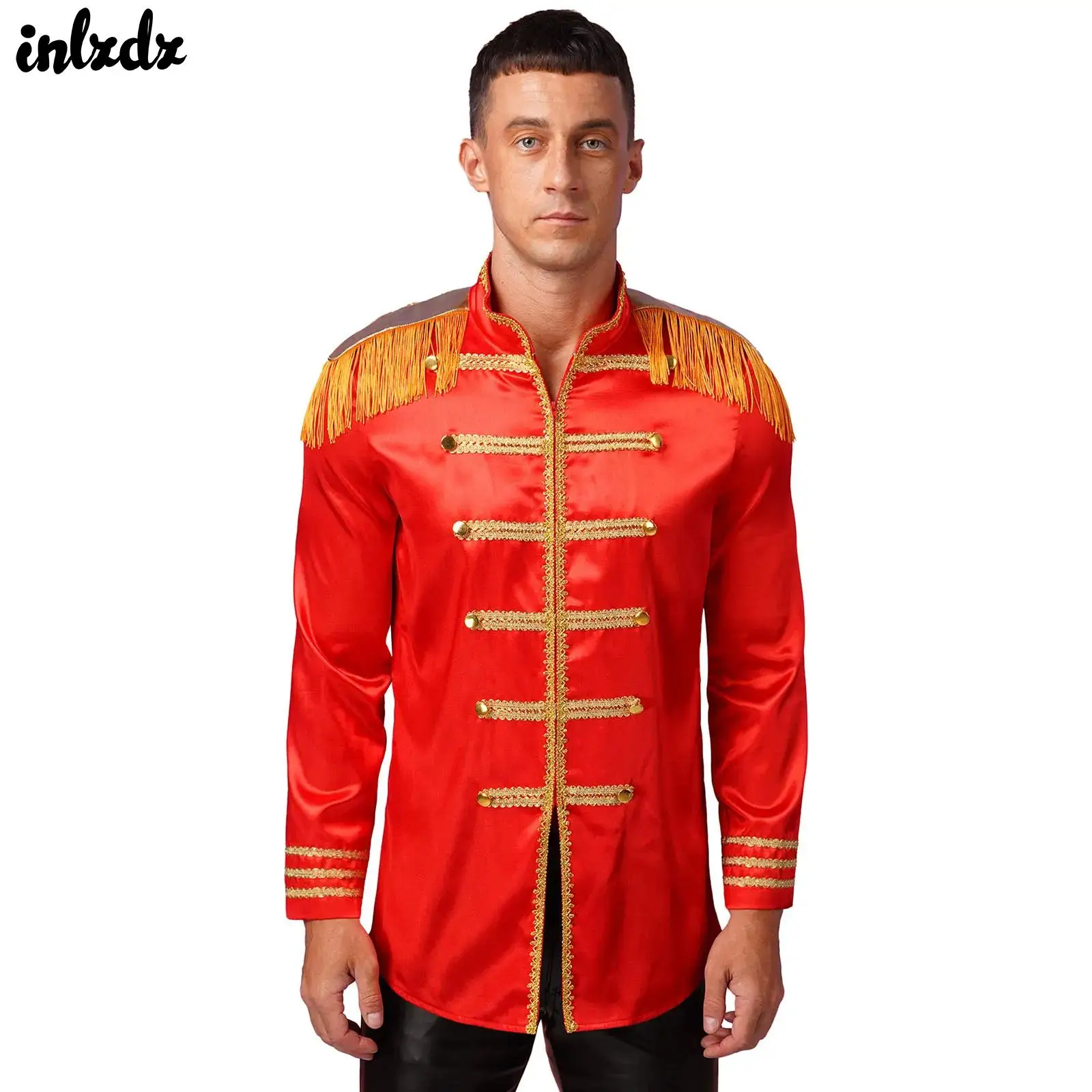 

Mens Satin Jackets Circus Ringmaster Cosplay Costume Halloween Hippy Medieval Marching Band Sergeant Front Zip-up Long Outerwear