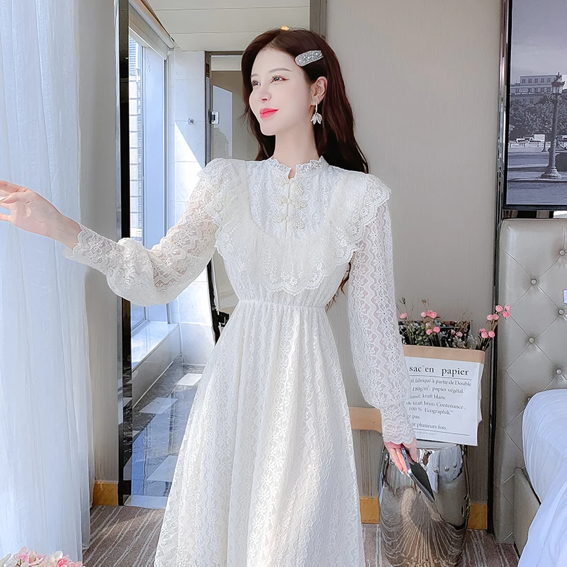 Elegant Sweet Vintage Solid Lace Women Midi Dresses for 2023 New Autumn Fashion Long Sleeved Cute Party Birthday Fairy Dress