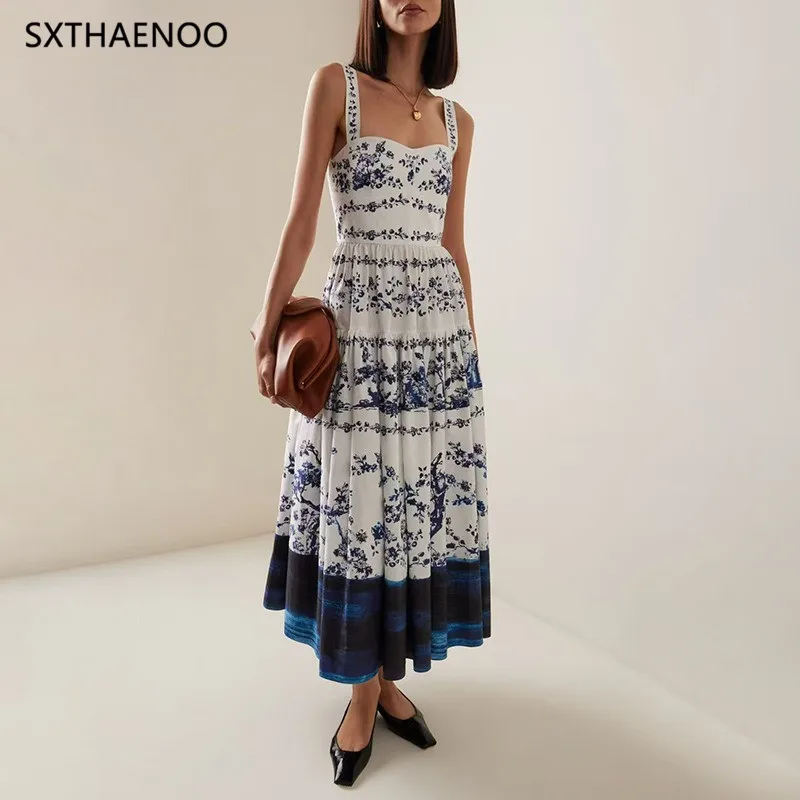 

SXTHAENOO Colorblock Print Patchwork Lace Up Mid Dresses for Women Square Collar Sleeveless High Waist Slim Summer Dress Female