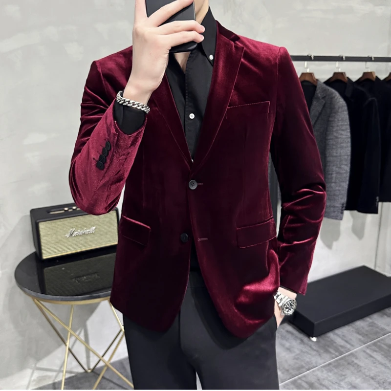 High Quality Velvet Wedding Suit Jacket Men Slim Fit Casual Business Blazer Masculino Social Banquet Stage Singer Dress Coat