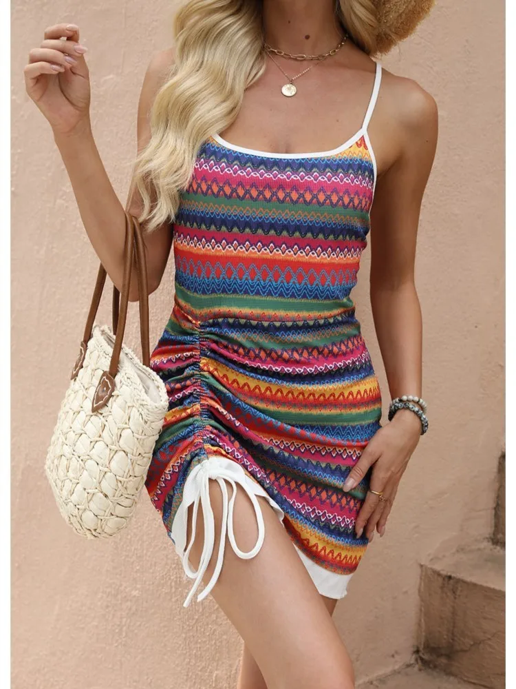 Zomer Boho Print Jurk Voor Vrouwen Mode Sexy Slanke Spaghetti Backless Mini Jurken Lady Casual Vakantie Strand Y2k Kleding