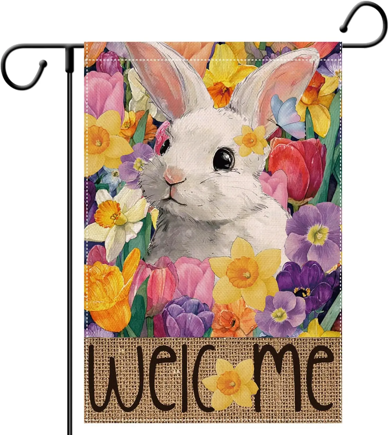 Easter Bunny Garden Flags 12x18 Double Sided - Spring Tulips Daffodils Welcome Yard Flag Burlap Easter Lawn Rustic Farmhouse jjp
