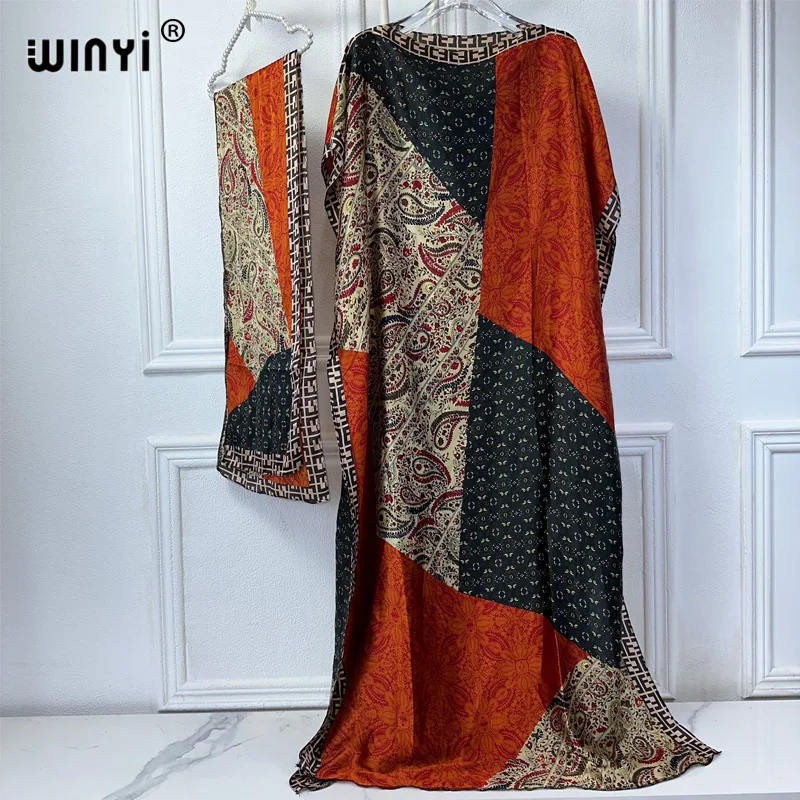 

WINYI muslim africa traditional dress for woman abaya dubai luxury print Kaftan with scarf Elegant Maxi Dress beach outfits robe