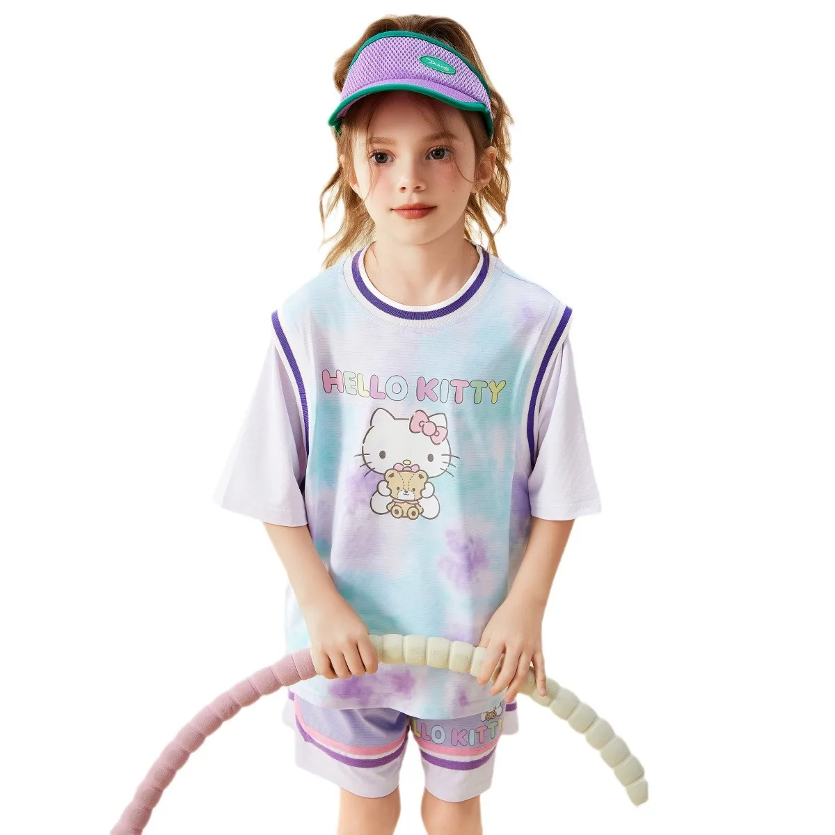 

2Pcs Kawaii Sanrio Hello Kitty Kids Girls' Tennis Suit Summer Sporty Fashionable New Style Loose Breathable Top Shorts Student