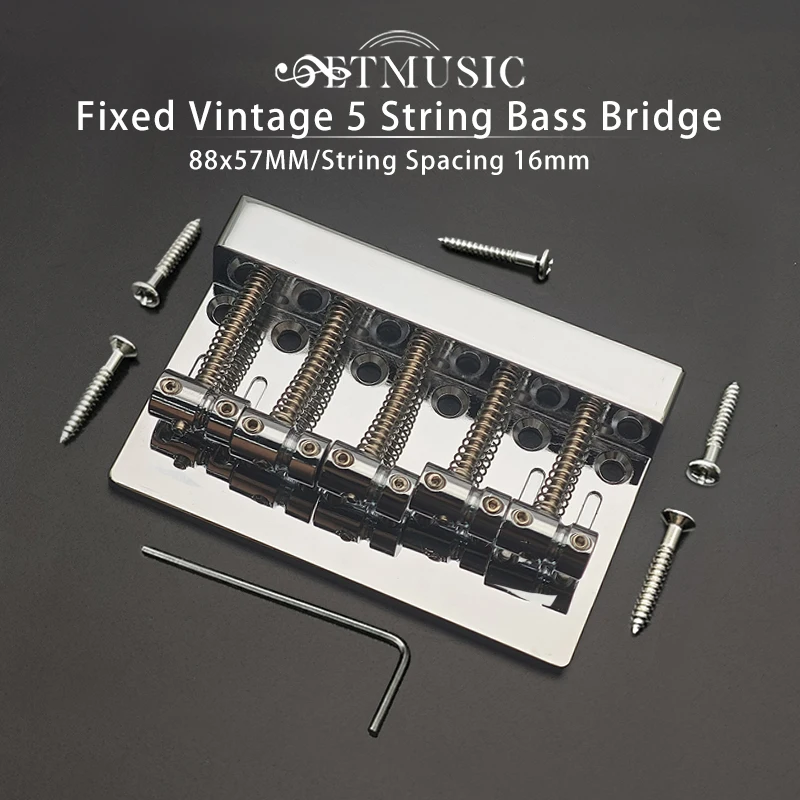 

Vintage 5-String Bass Bridge String Spacing 16mm Bass Fixed Bridge Saddle Bottom Load Black/Chrome 88x57MM