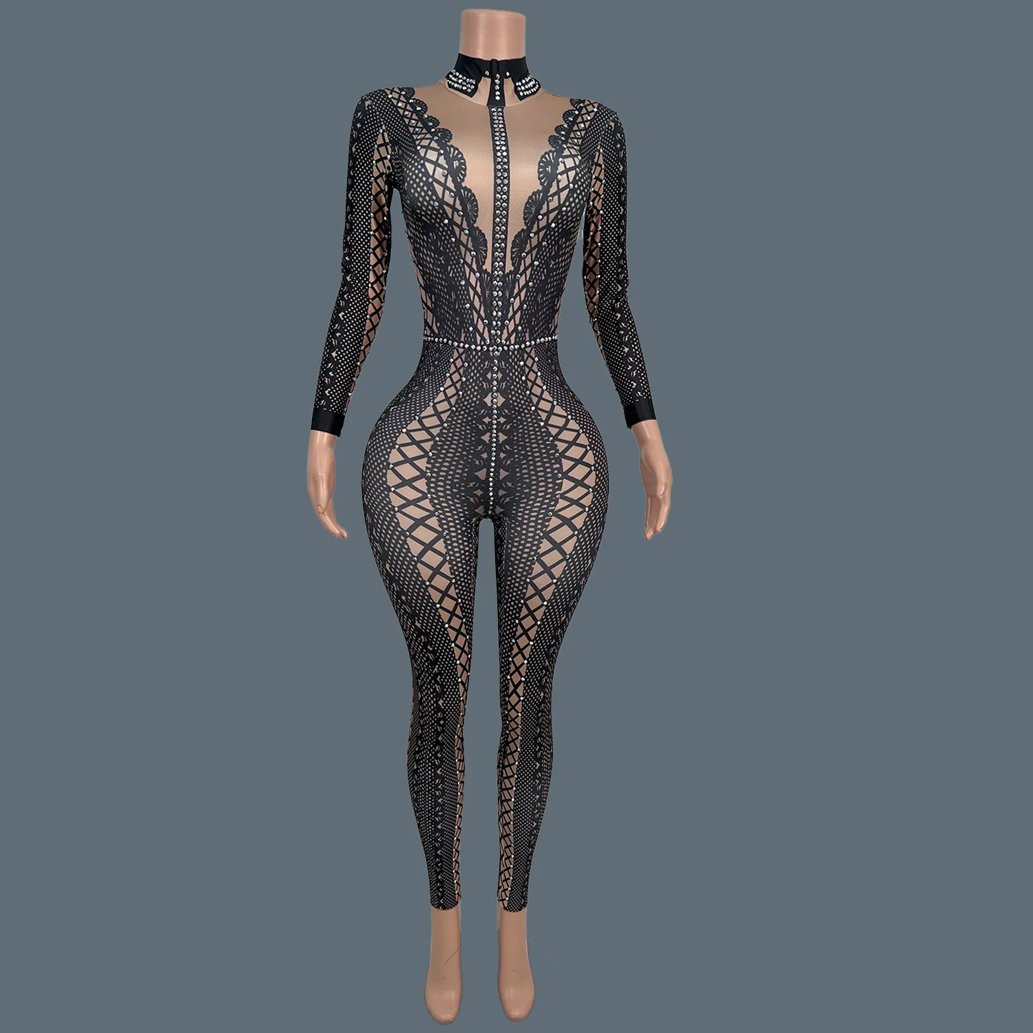 الطباعة السوداء حجر الراين دنة ضيقة بذلة سيدة ملهى ليلي سحب الملكة أداء ارتداء الرقص تظهر مثير الزي Lianti