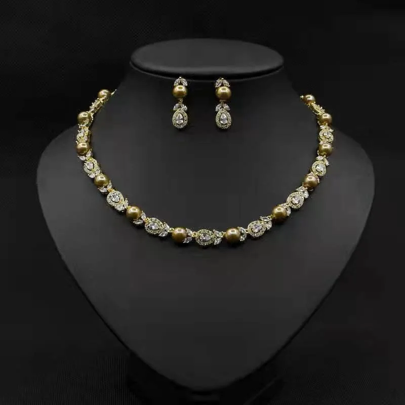 

Luxury brand genuine real jewels Korean wedding luxury pearl necklace earring set full of diamond AAA zircon banquet bride acces