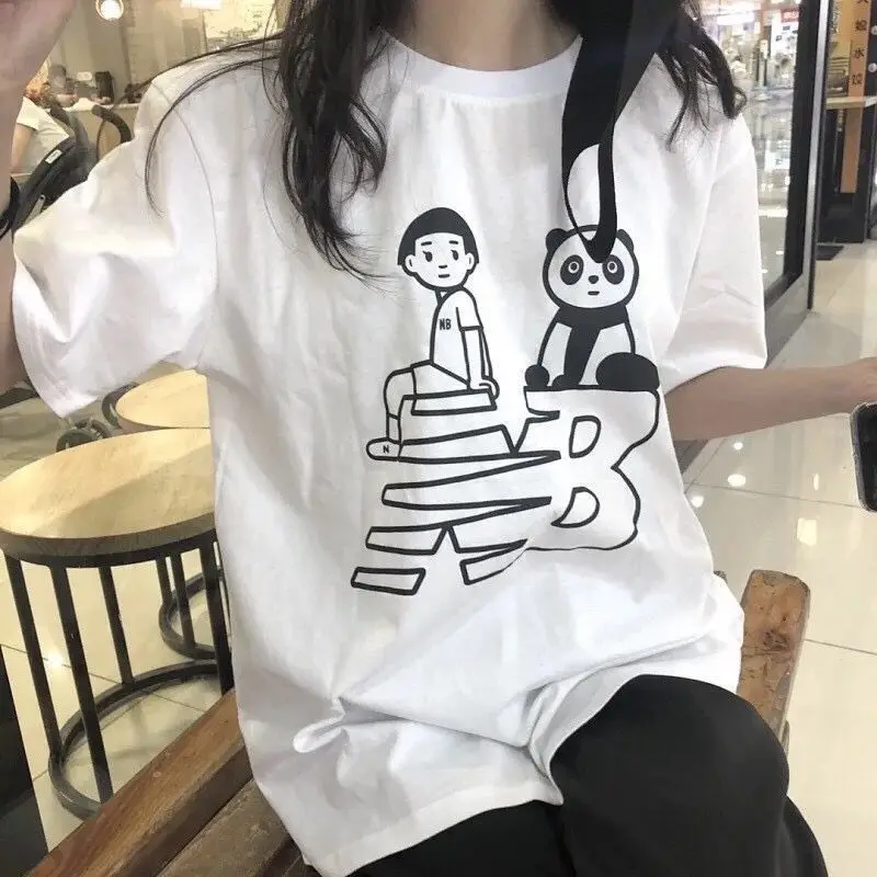 

New Alanc Panda Figurine, Printed Short-sleeved T-shirt Nb Classic Loose Ins Pure Cotton Round Neck Half-sleeved T-shirt