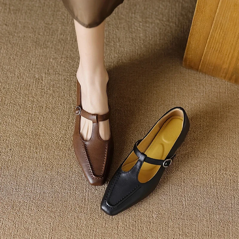 

2025 new spring autumn women pumps natural leather 22-24.5cmcowhide+pigskin square toe t-buckle Mary Jane shoes women shoes