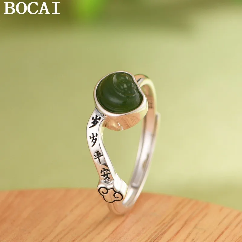 

BOCAI S925 Серебряный Ретро Художественный Свет Роскошный Нефритовый Слиток Год за Годом Мир и Желание Открытое Кольцо Женское