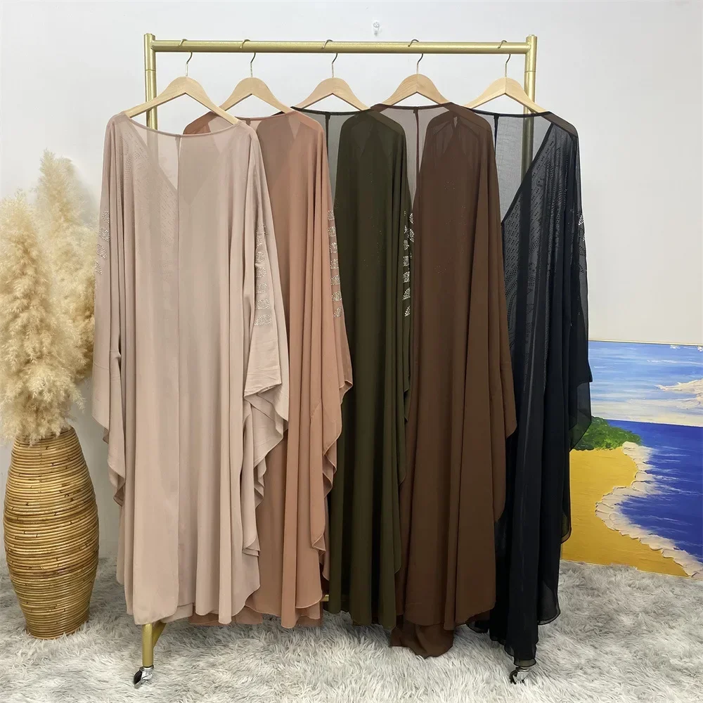 Dubai Abayas Women Muslim Chiffon Beads Open Abaya Kimono Maxi Dress Turkey Robe Morocco Eid Party Jalabiya Gown Kebaya Kaftan