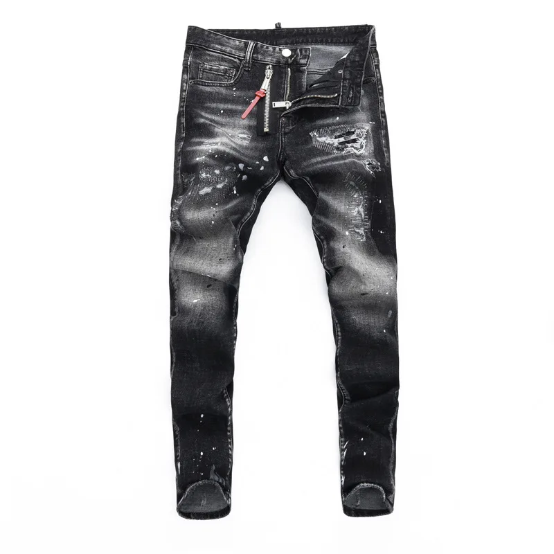 

Street Fashion Men'S Jeans Vintage Black Gray Washed Paint Embroidery Patch Stretch Skinny Pants