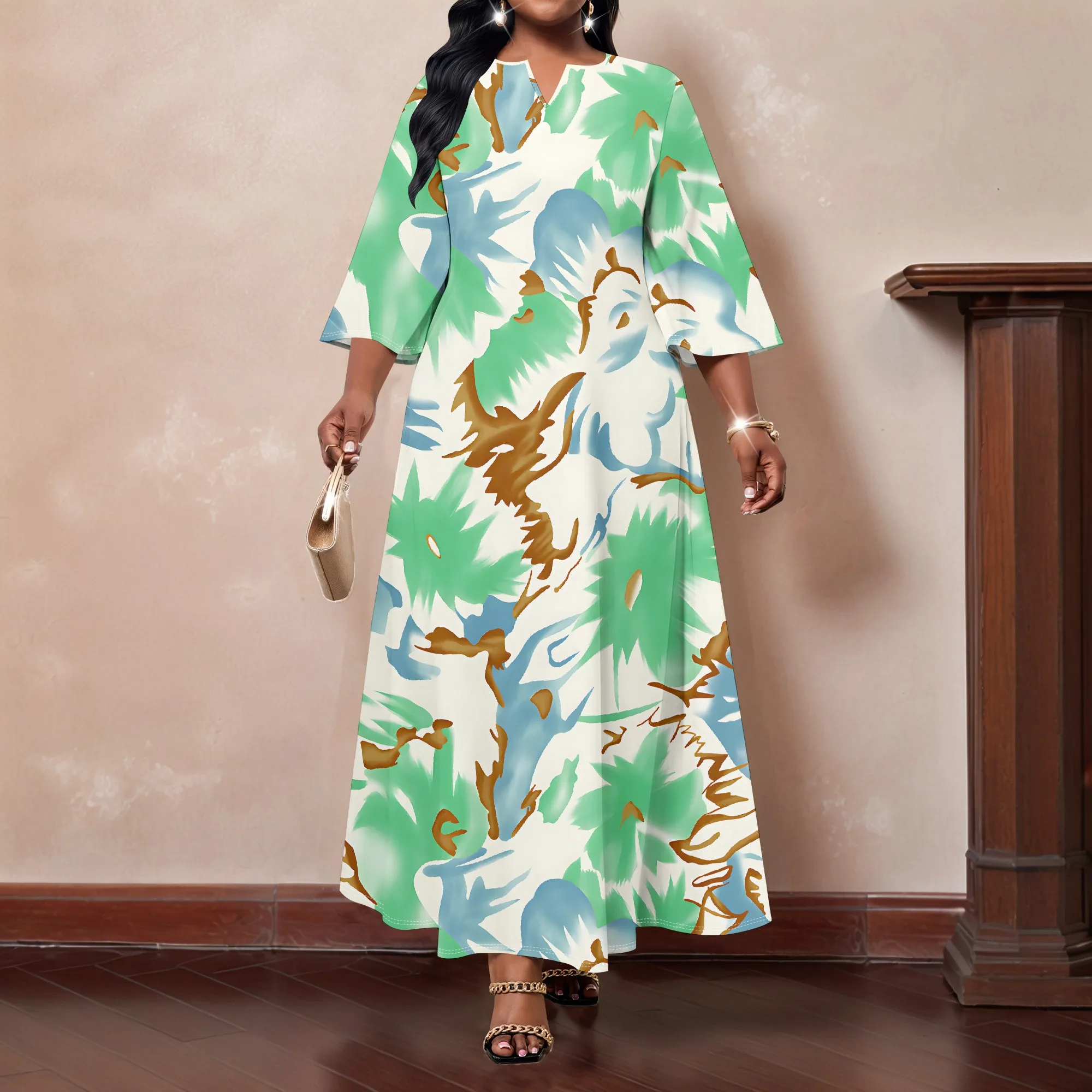 

Женское платье больших размеров средней длины с рукавами, модный маленький V-образный вырез с принтом, домашнее повседневное платье