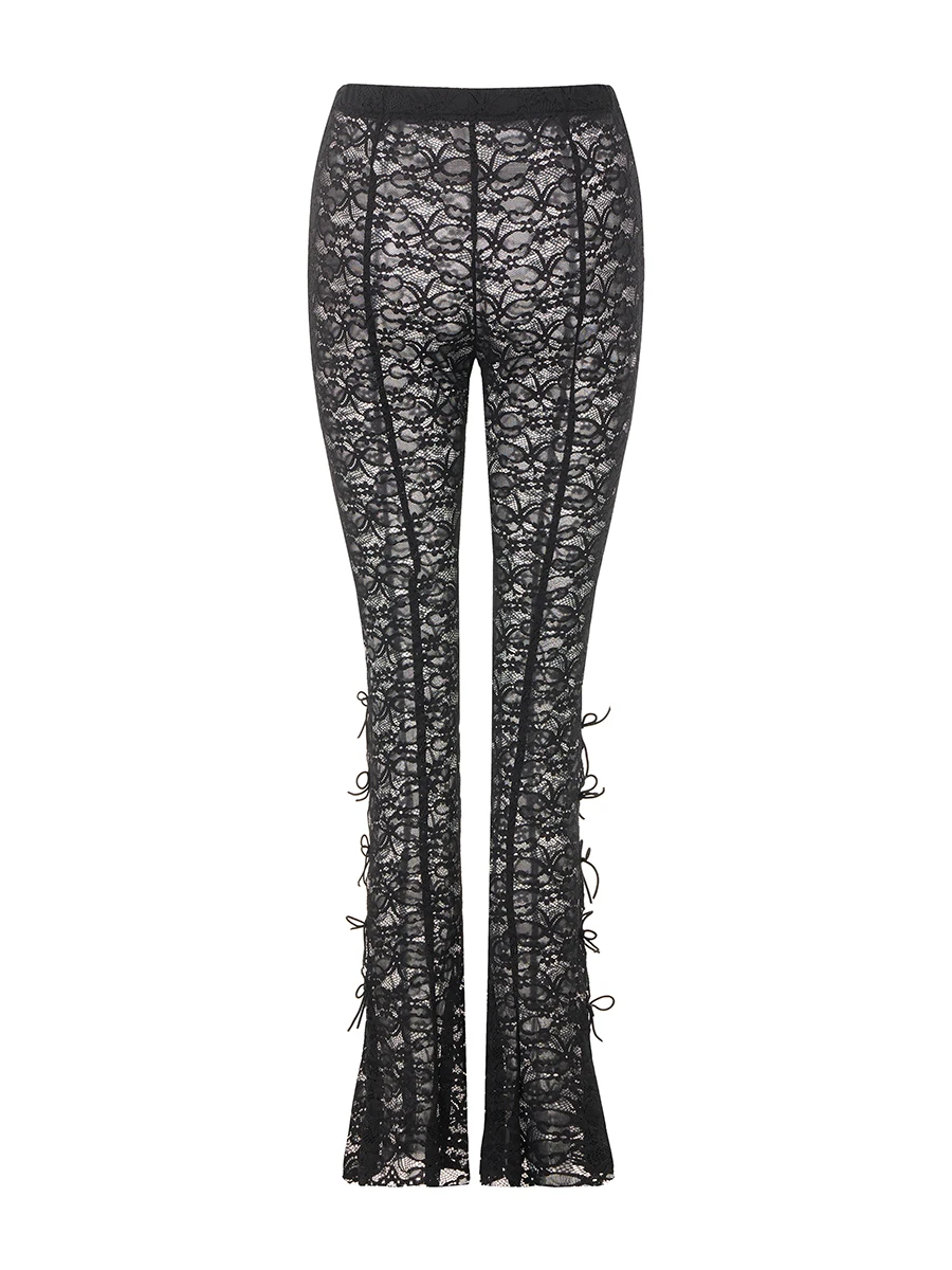 Wsevypo Doorzichtige Kanten Flare Broek Dames Stijlvolle Hoge Taille Zijuitsparing Mini Boog Sheer Mesh Legging Lange Broek