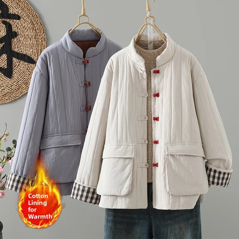 

Winter New Retro Artistic Button up Collar Long Sve Cotton Jaet Women's Coat Straight Tube pe Regular Thin Pure C...