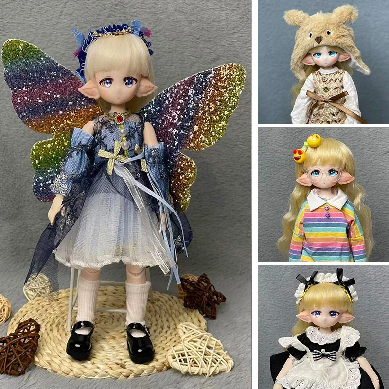 Fashion Cute 1/6 BJD Doll Full Set Handmade 28cm Elf Doll with 3 Pair Eyes Kids Girls Doll Toy Birthday Gift ( Open Head)