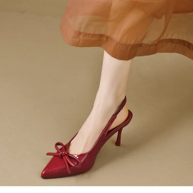 2025 nova chegada sapatos de salto alto de couro de patente feminino stiletto com bowknot festa & sapatos formais elegantes sandálias stiletto