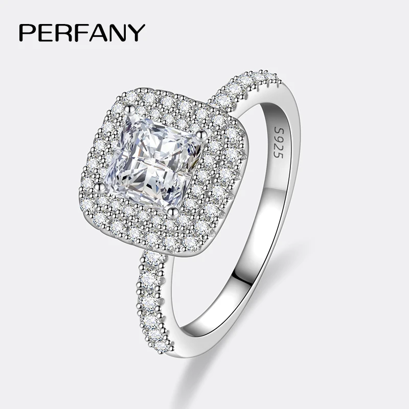 

PERFANY 1CT Princess Square Cut Moissanite Ring Women S925 Pure Silver Laboratory Diamond Wedding Fashion Luxury Jewelry