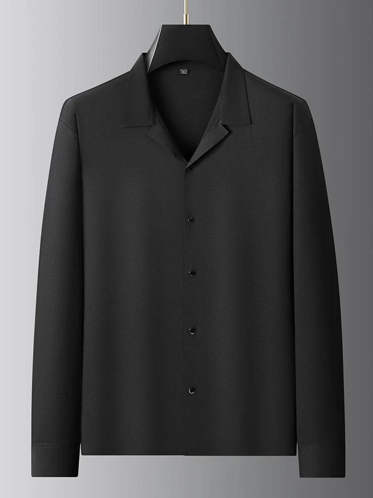 

Мужская рубашка свободного кроя с длинным рукавом и кубинским воротником из ледяного шелка, больших размеров, модная, городская, весна-осень, цветная