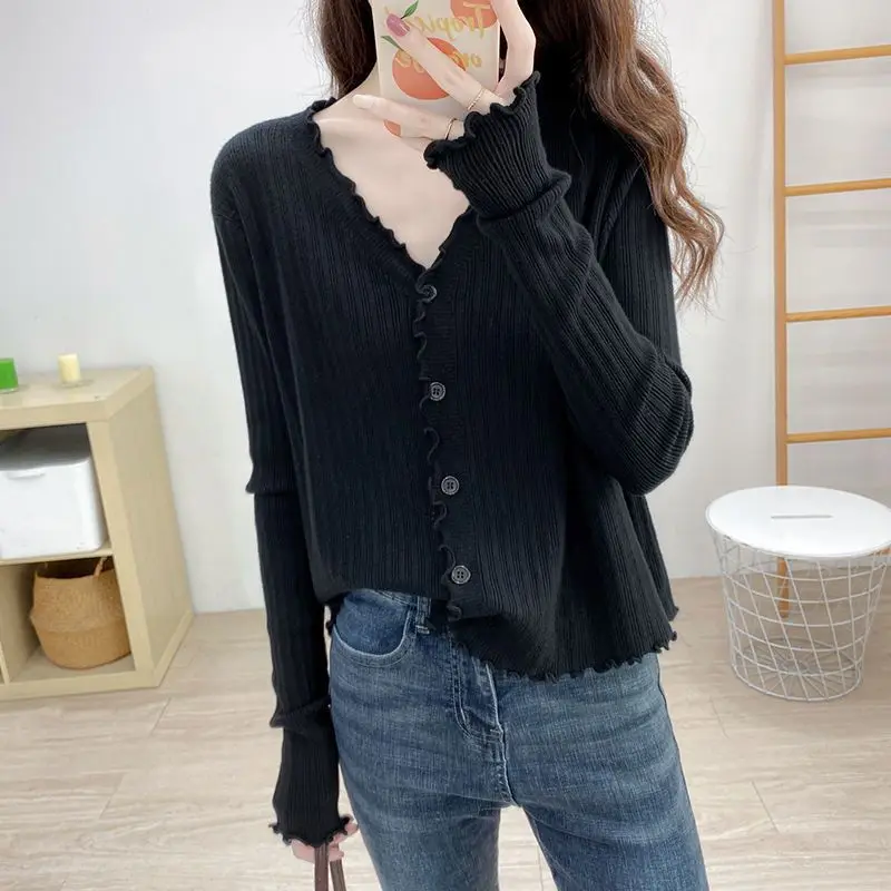 Autumn Winter Female 2023 New Lazy Style Long Sleeve Knitted Tops Solid Color Thin Loose Fitting Cardigan Sweater Short Jacket