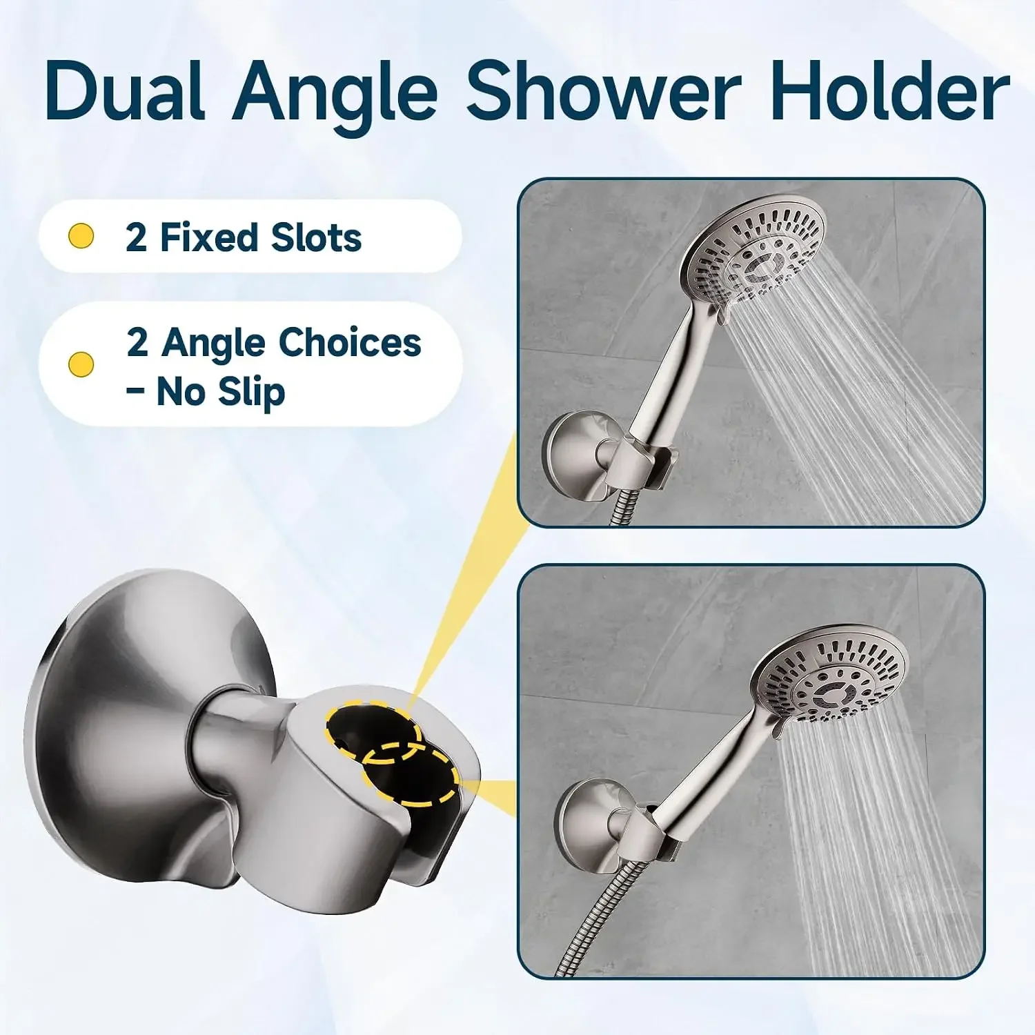 Bright Shower Handheld Shower Head Holder, Dual Angle Position, Wall Absorbent Holder Includes Adhesive 3M Plate, No Tools Required, Easy to Install, Brushed Nickel Finish