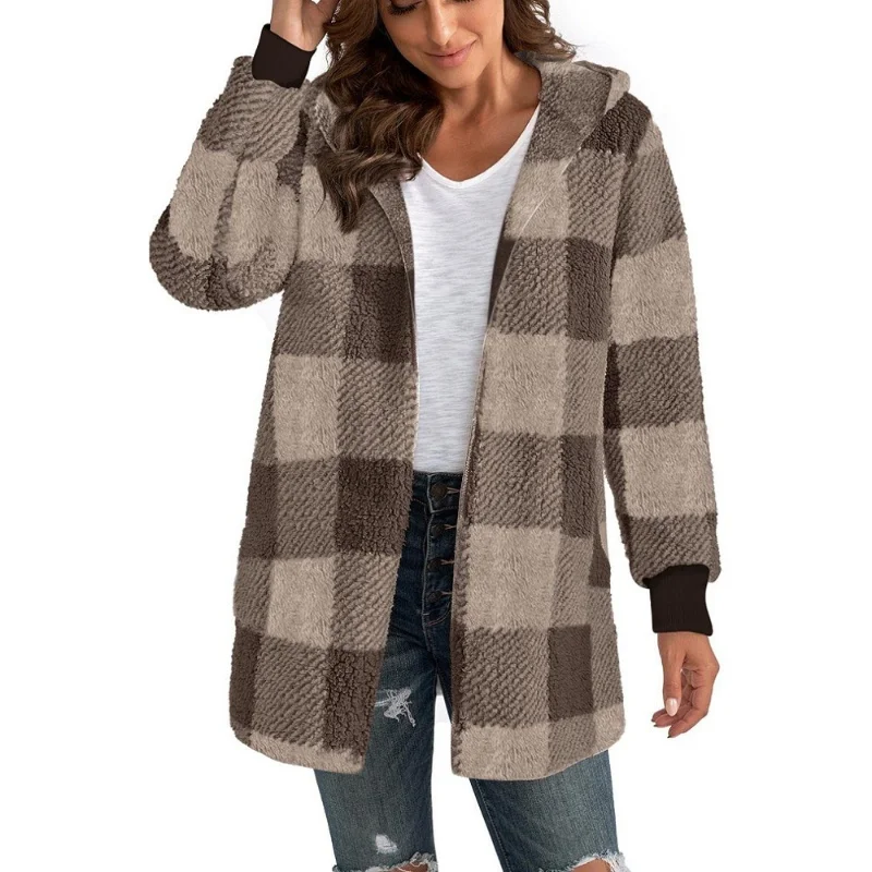 NONE Frauen Herbst Winter Doppel Fleece Plaid Strickjacke Weiche Lose Lange Hülse Plüsch Warme Mit Kapuze Jacke Weibliche Patchwork Oberbekleidung Mantel 6