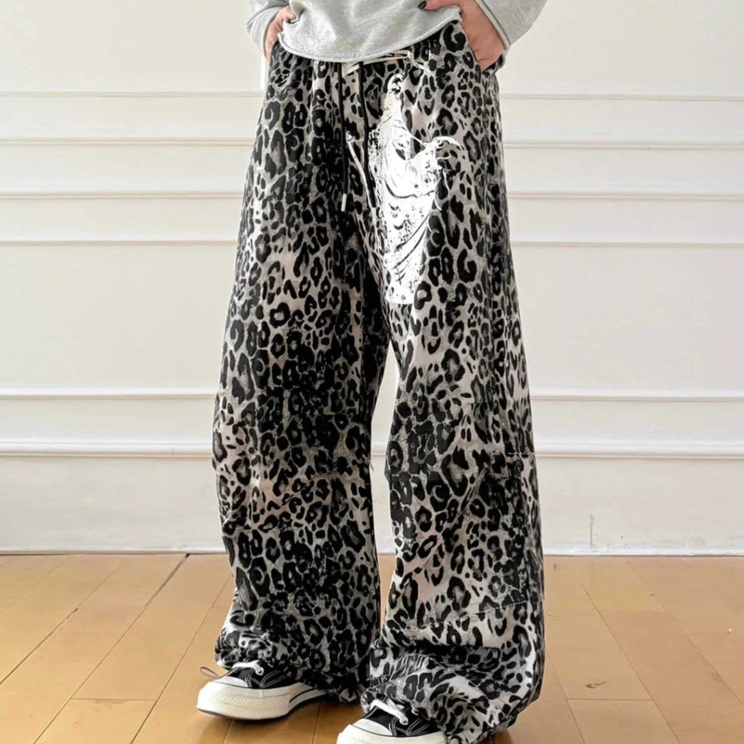 American Retro Leopard Print Wide Leg Jeans Loose Drapey Casual Long Trousers Spring Autumn Fashionable Small  Style