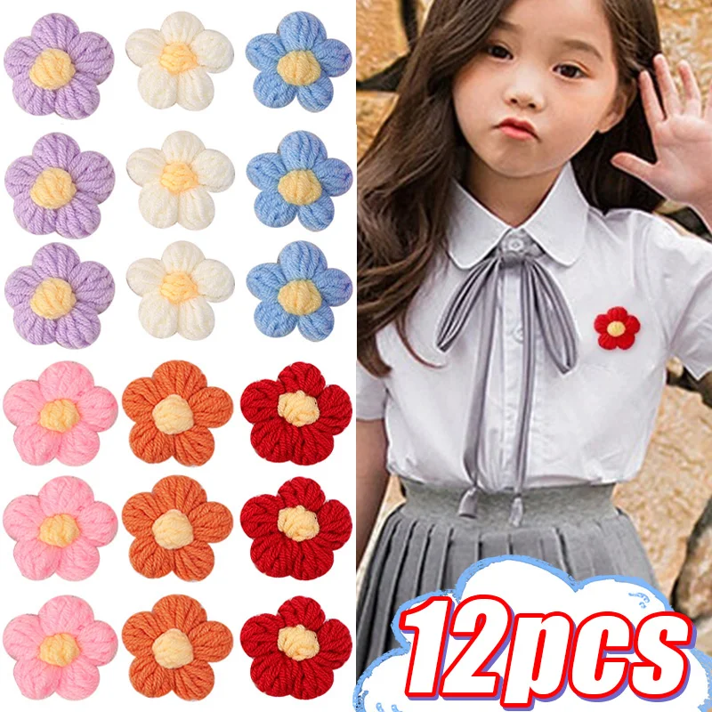 12pcs Handmade Knitted Wool Flower DIY Accessories Girls Cute Puff Color Flower Bag Clothes Hairpin Jewelry Decor Craft Supplies