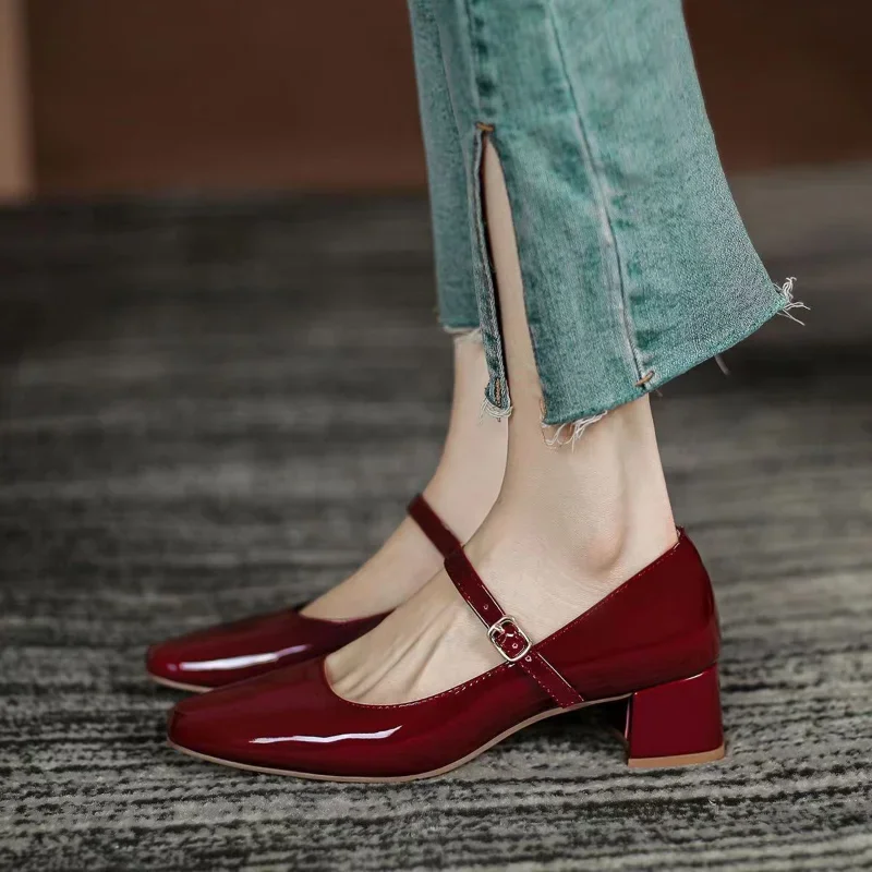 Summer New Square Head Solid Color Large Shallow Mouth Flat Button Strap Bright Leather Face Women's High Heel Single Shoes