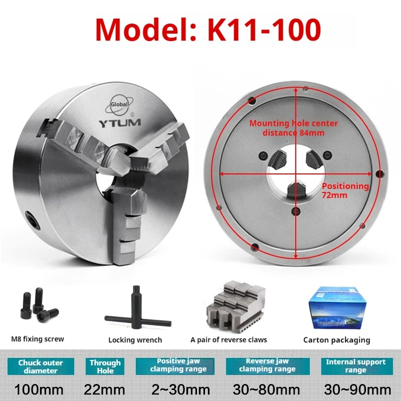 

K11-100 100MM Three Jaws Self-Centering Lathe Chuck 100MM Scroll Chuck Tools Accessories For CNC Grinding Milling Turing Machine