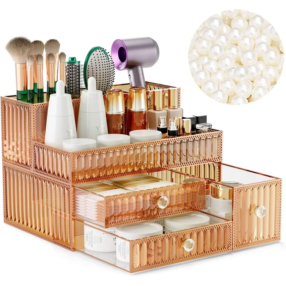 

Makeup Organizer Golden- Tempered Glass Vanity Organizer for Cosmetics, Skincare, Hair Tools, Brushes, Perfume - Multipurpose Ba