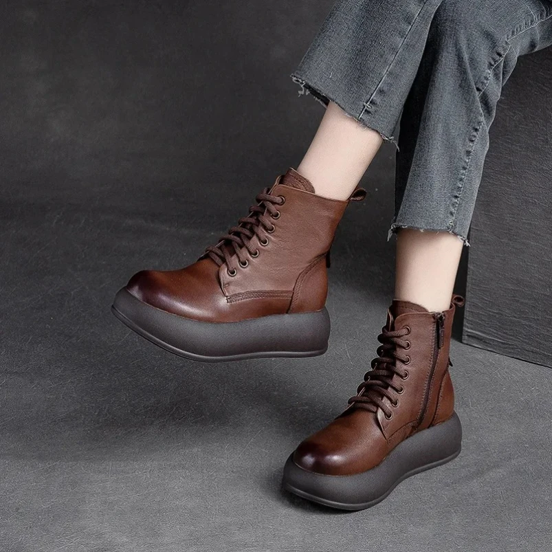 

2025 5.5cm Platform Wedge Thick Sole Shoes Natural Genuine Leather Autumn Boots Motorcycle Ankle Punk High Top Booties