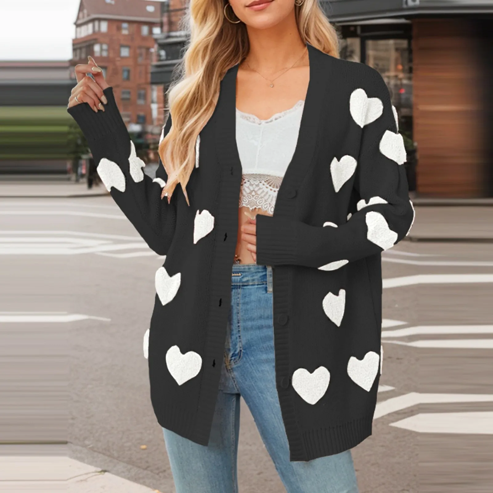 

Valentine's Day Heart Knit Cardigan V Neck Button Long Sleeve Mid Women Cardigan Sweater Chunky Women Cardigan Sweater Set