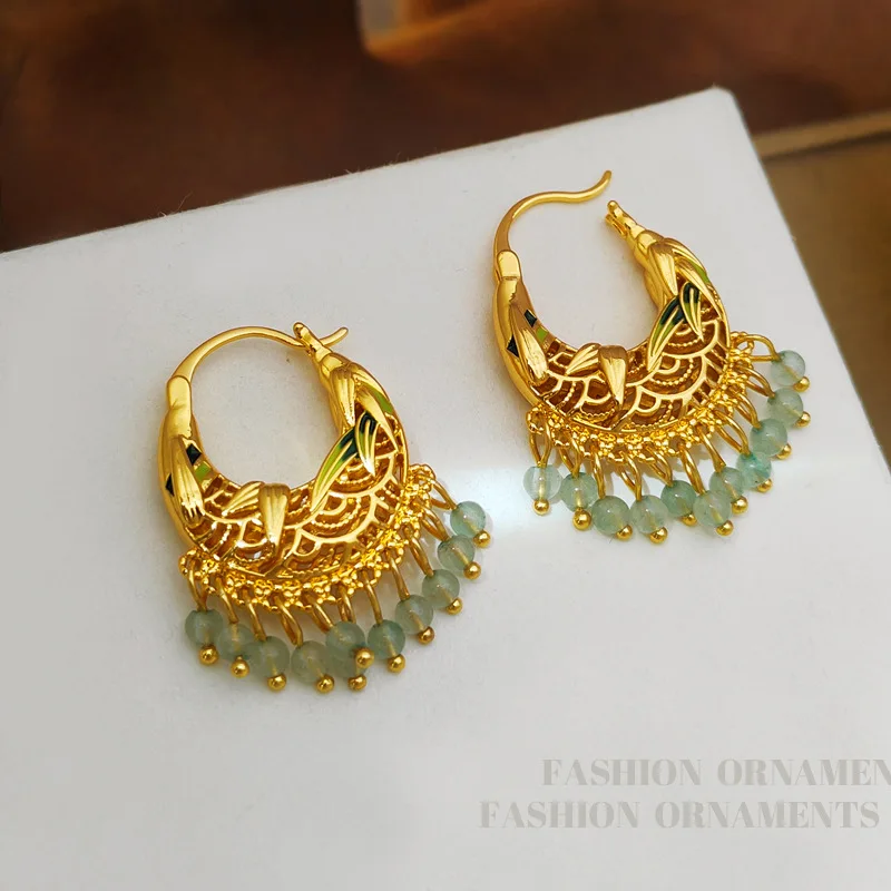 

Fashion New Chinese Style Natural Stone Tassels Bamboo Leaf Enamel Huggie Hoops Retro Palace Style Niche Light Luxury Trendy