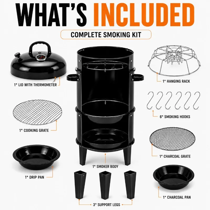 4-In-1 Portable Charcoal Smoker/Grill, With Built-In Thermometer, Upright BBQ Smoker, 6 Smoking Hooks, Drip Tray/Water Tray, Charcoal Grill And Fire Pit, Suitable For Backyard Parties, Camping, Picnics And Barbecues.
