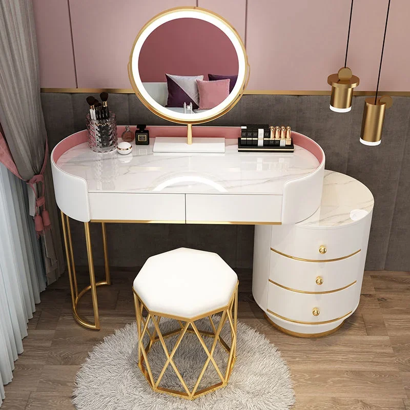 Designer Mordern White Gold Vanity Desk Dressing Table Mirror Makeup Table LED Lighting 6 Drawers Bedroom Home Furniture