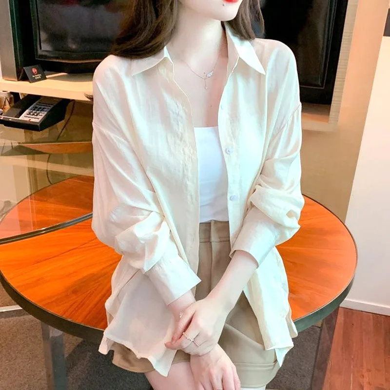 

Women's Clothing White Chiffon Shirt Long Sleeve Summer Korean Style Lightweight Cover Up Loose Fit Casual Blouse New