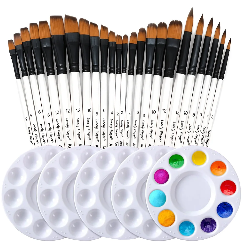 Paint Brushes Palettes Set 24pcs Artist Brushes with 5 Paint Trays for Acrylic Watercolor Oil Gouache Tempera and Body Painting