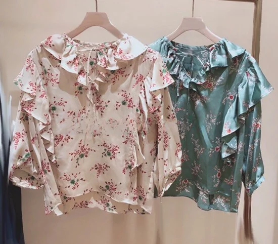 

Pure round De1cy Print Lantern Sleeve Blouse Floral Sweet Style Japanese Trend Regular Length Overhead Women's Top