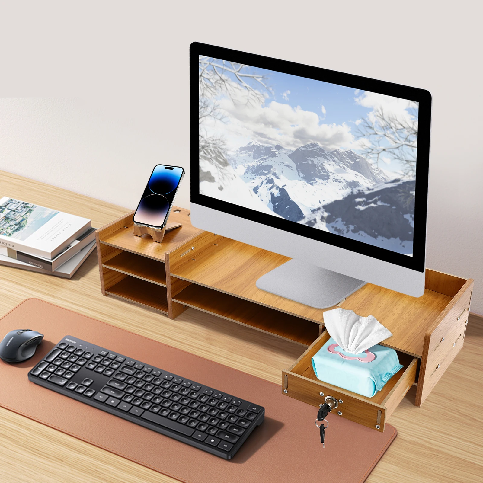

Modern Wooden Monitor Stand W/ Lockable Drawer & Phone Holder, Space-Saving MDF Desktop Organizer for Home Office, Easy Assembly
