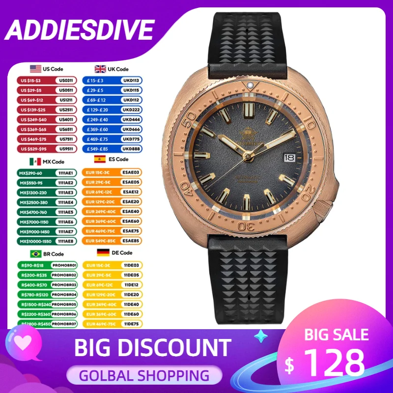Reloj de buceo ADDIESDIVE para hombre CUSN8 caja de bronce NH35A relojes mecánicos de cristal de zafiro AD2097 C3 nuevo reloj de pulsera superluminoso