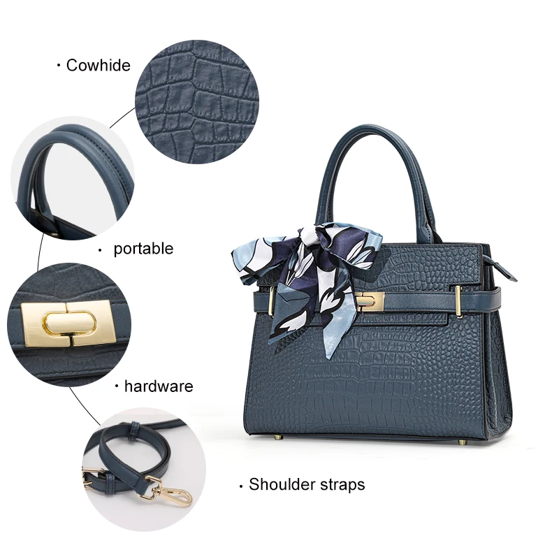 Aidrani Genuine leather crocodile pattern handbag, large capacity women\'s bag, square cowhide shoulder bag