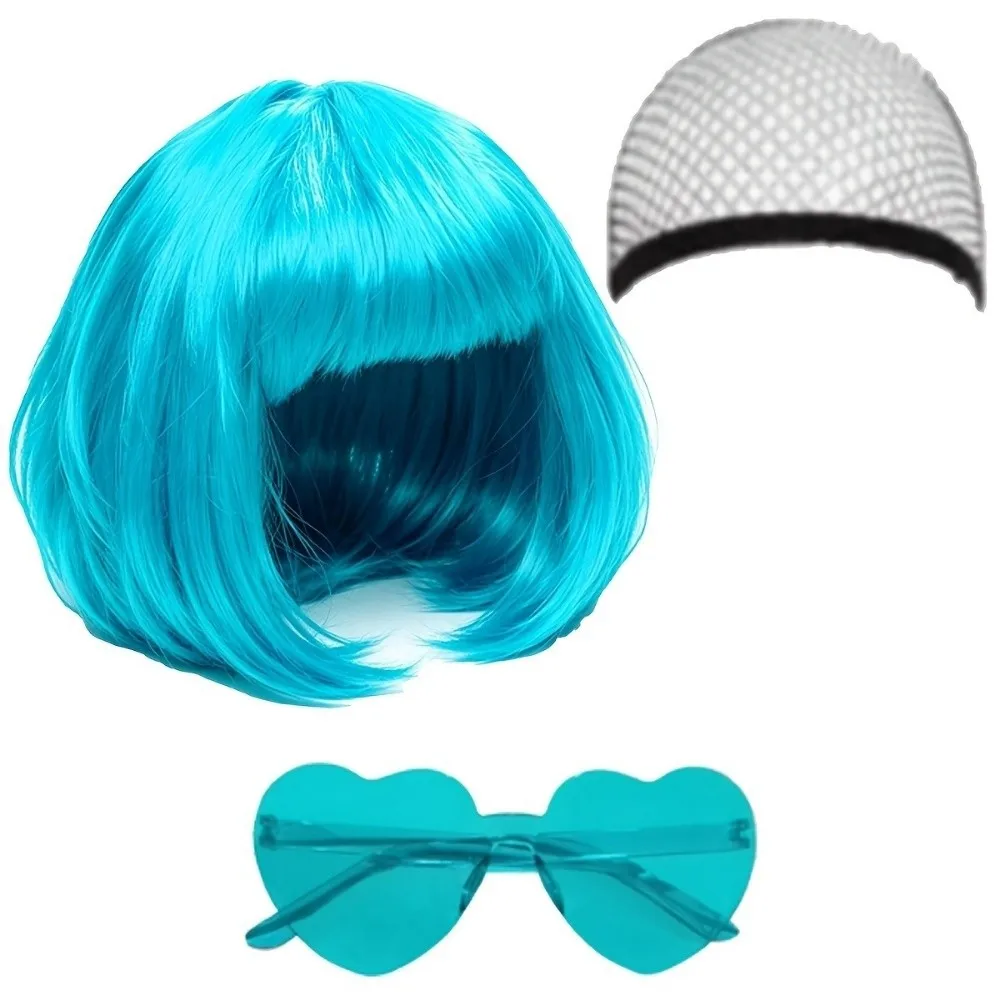 3 Stück bunte kurze Bob-Perücken, Weihnachts-, Halloween- und Cosplay-Perücken-Set für Partys, inklusive Haarnetz und Brille, kurze Perücke für Rollenspiele. – Detail 8