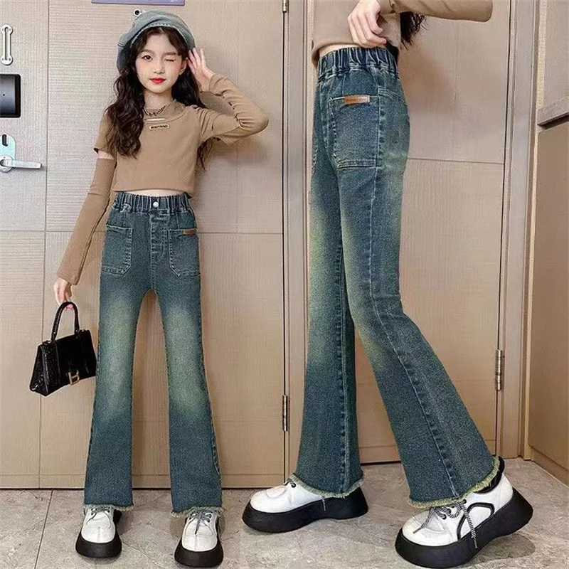 Girls Autumn Jeans Children Slim Retro La Letter Flare Pants Spring New Children Solid Colour Elastic Trousers 4-12 Years Old