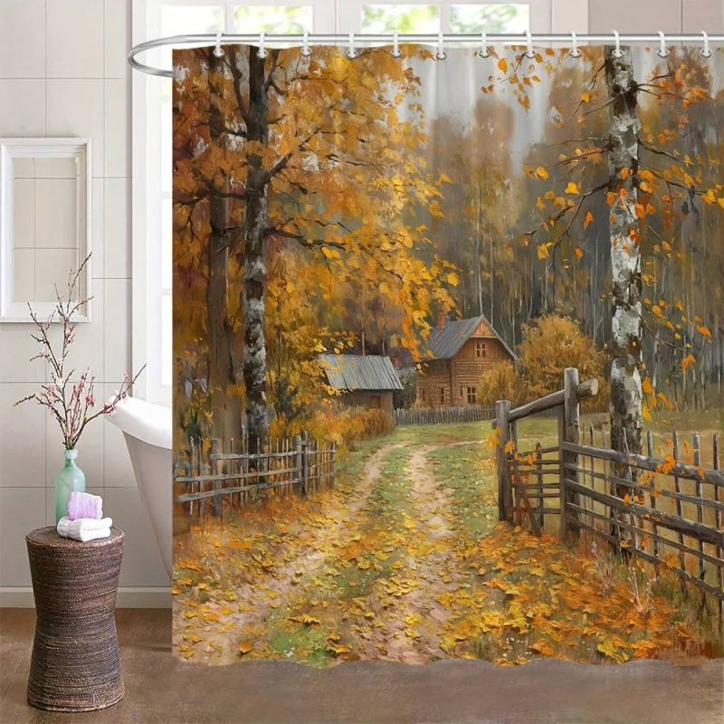 Autumn Pastoral Scenery Shower Curtain – Polyester Forest Cabin & Foliage Print with Hooks, Washable Rustic Country Landscape Ar