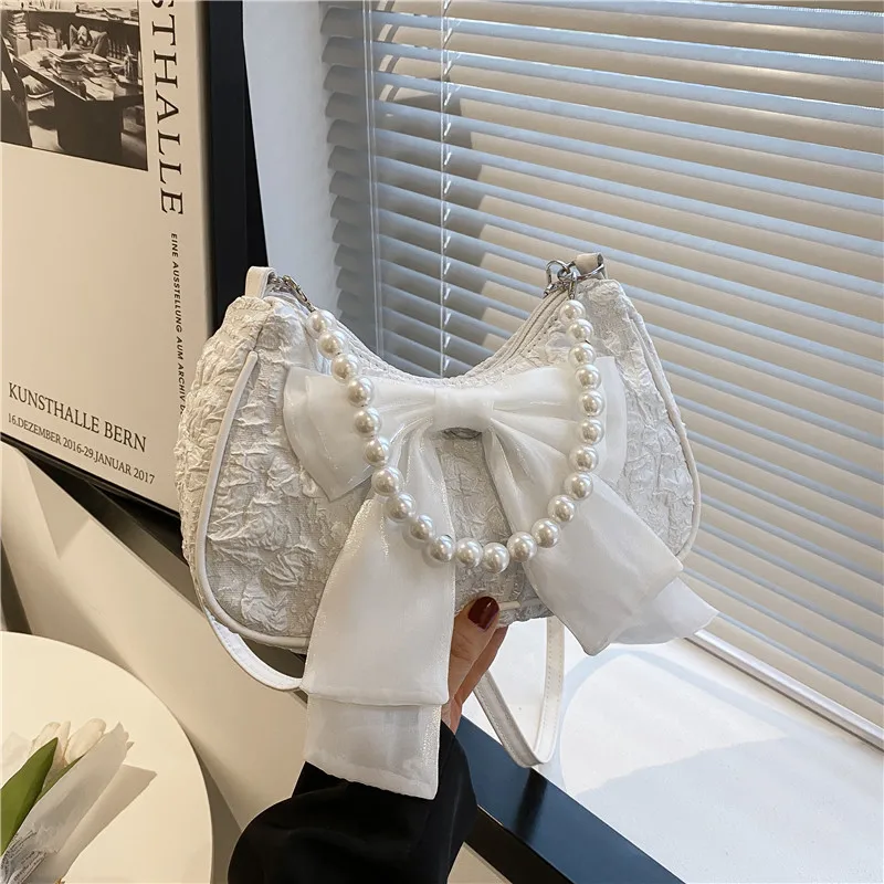 White Folds Pearl Female Bag Retro Luxury Designer Handbag Bow Crossbody Bags Fashion Y2K Vintage Women's Shoulder Bag Purses view 5