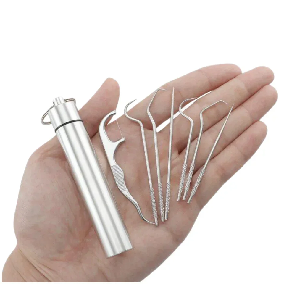 4pcs Portable Stainless Steel Toothpick Flossing Set Tooth Reusable Mini Oral Care Teeth Cleaning Tools Key Chian Kit